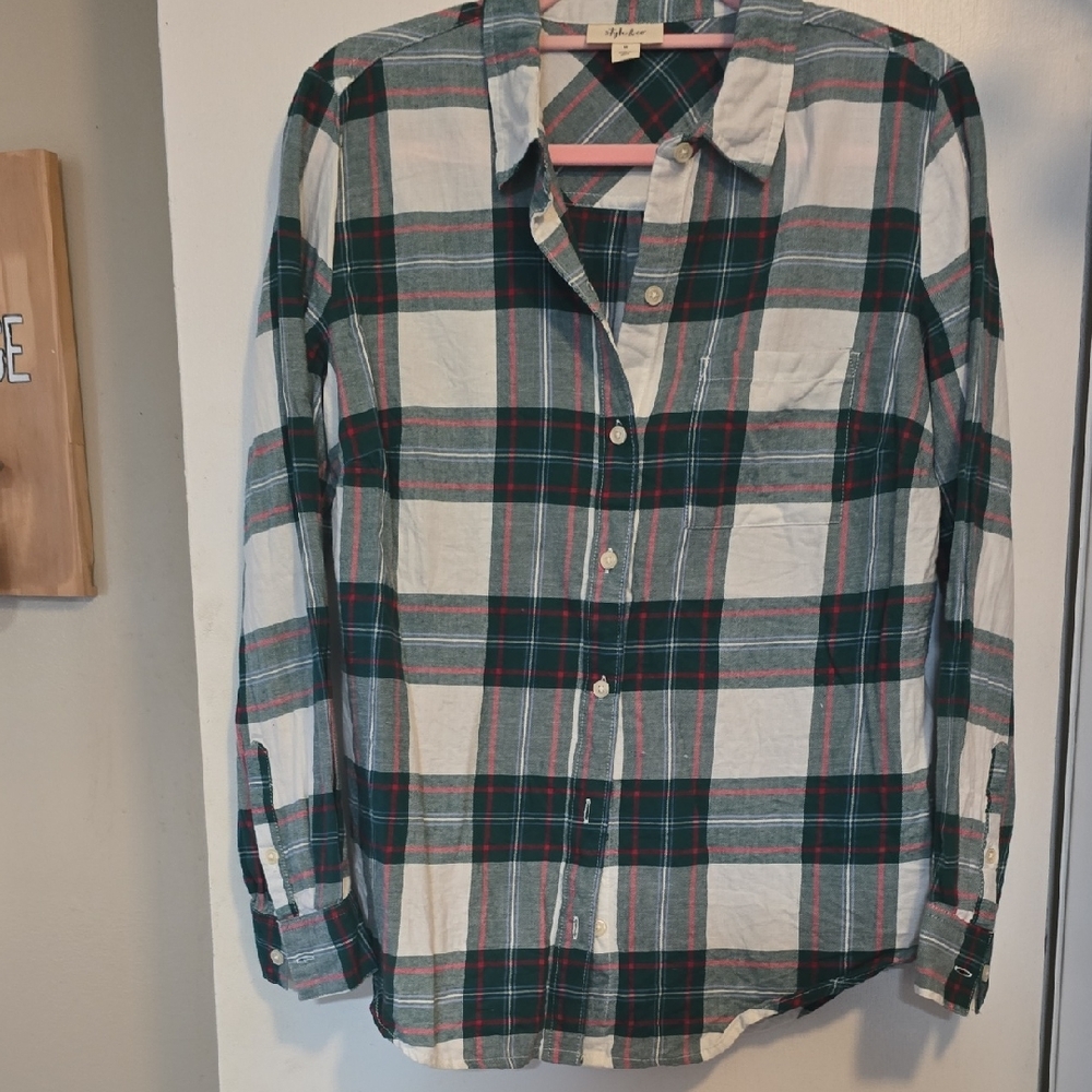 Style & Co. Green and White Plaid Casual Shirt